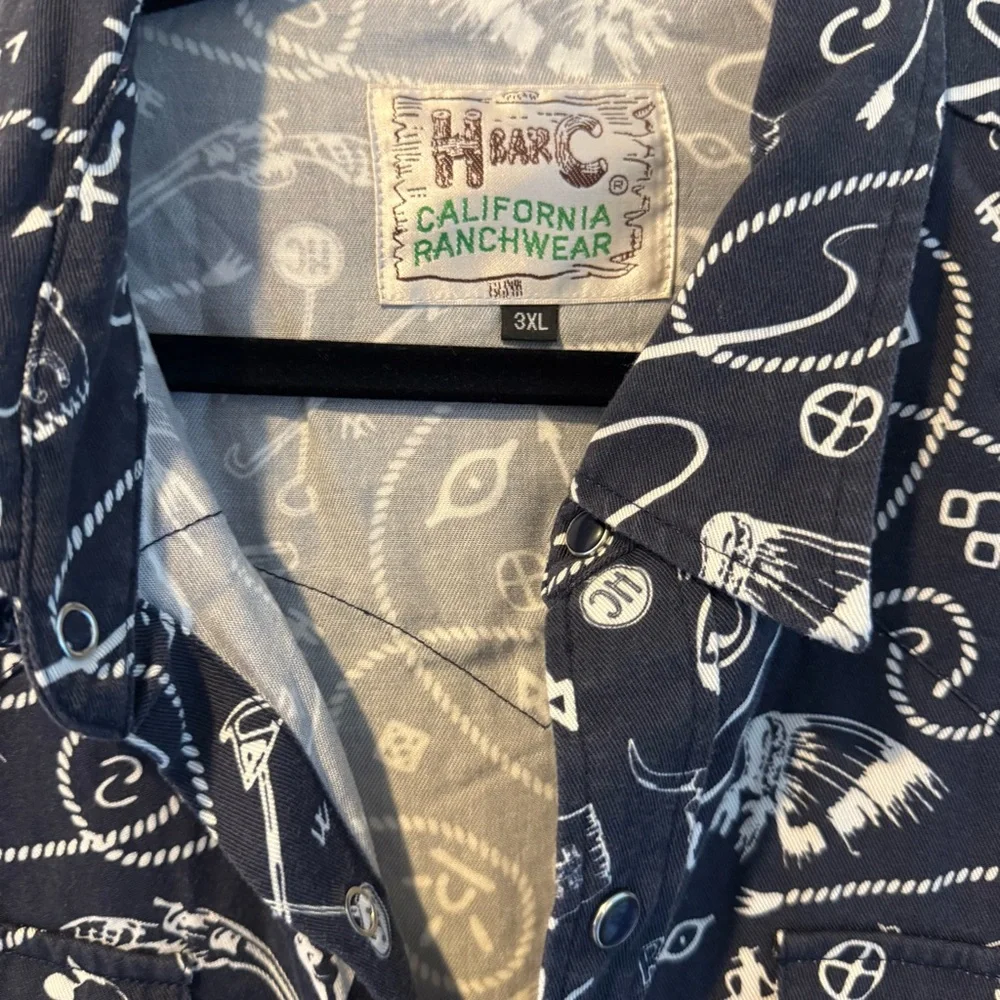 H Bar C Vintage Western Snap Button Shirt Short Sleeve Lasso Print - Picture 2 of 4